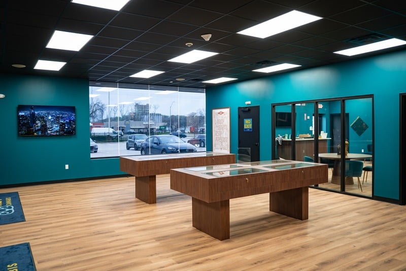 Modern Key shop interior with warm wood shelves and gold accents